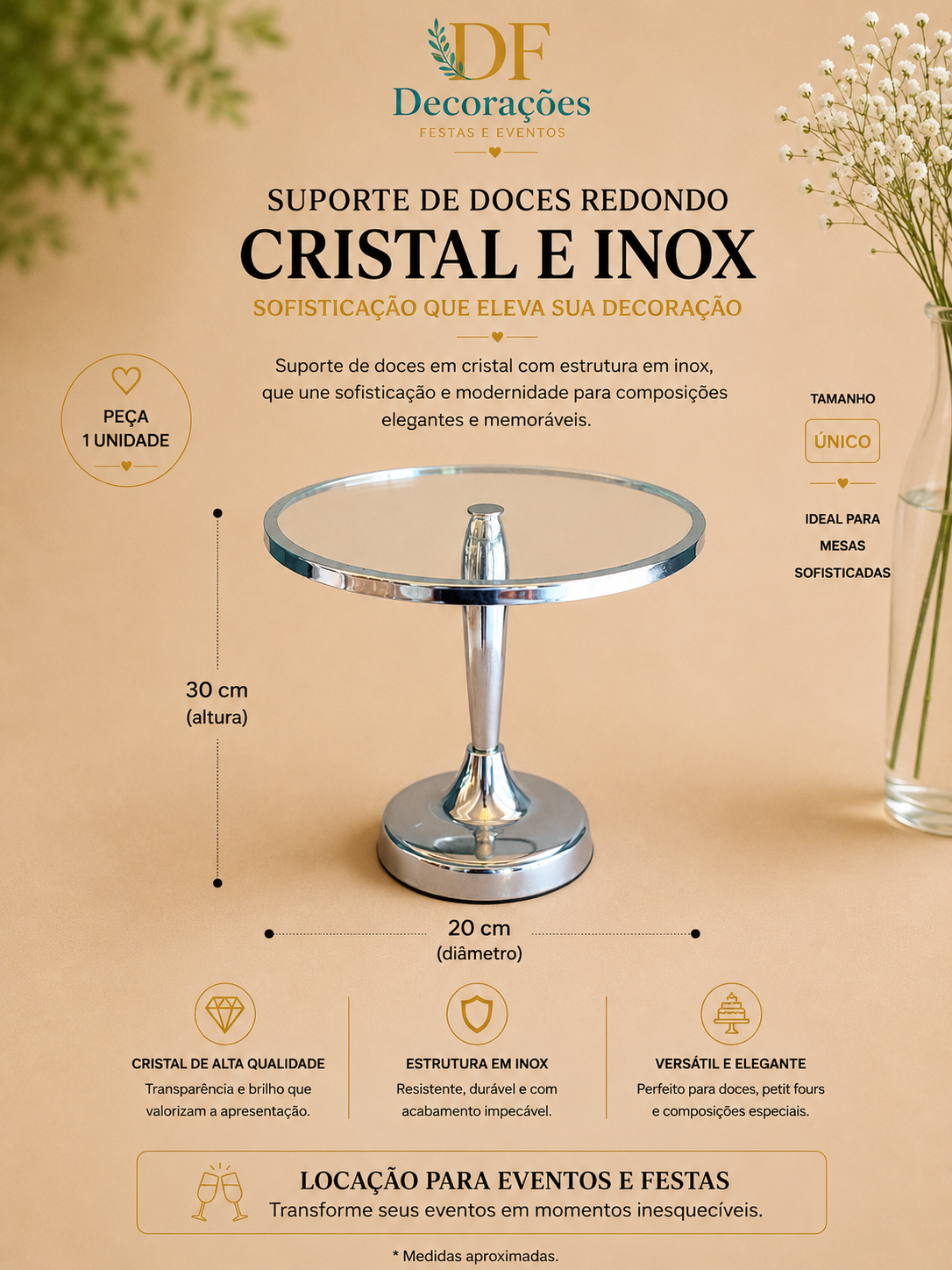 Suporte de Doces Redondo Cristal e Inox