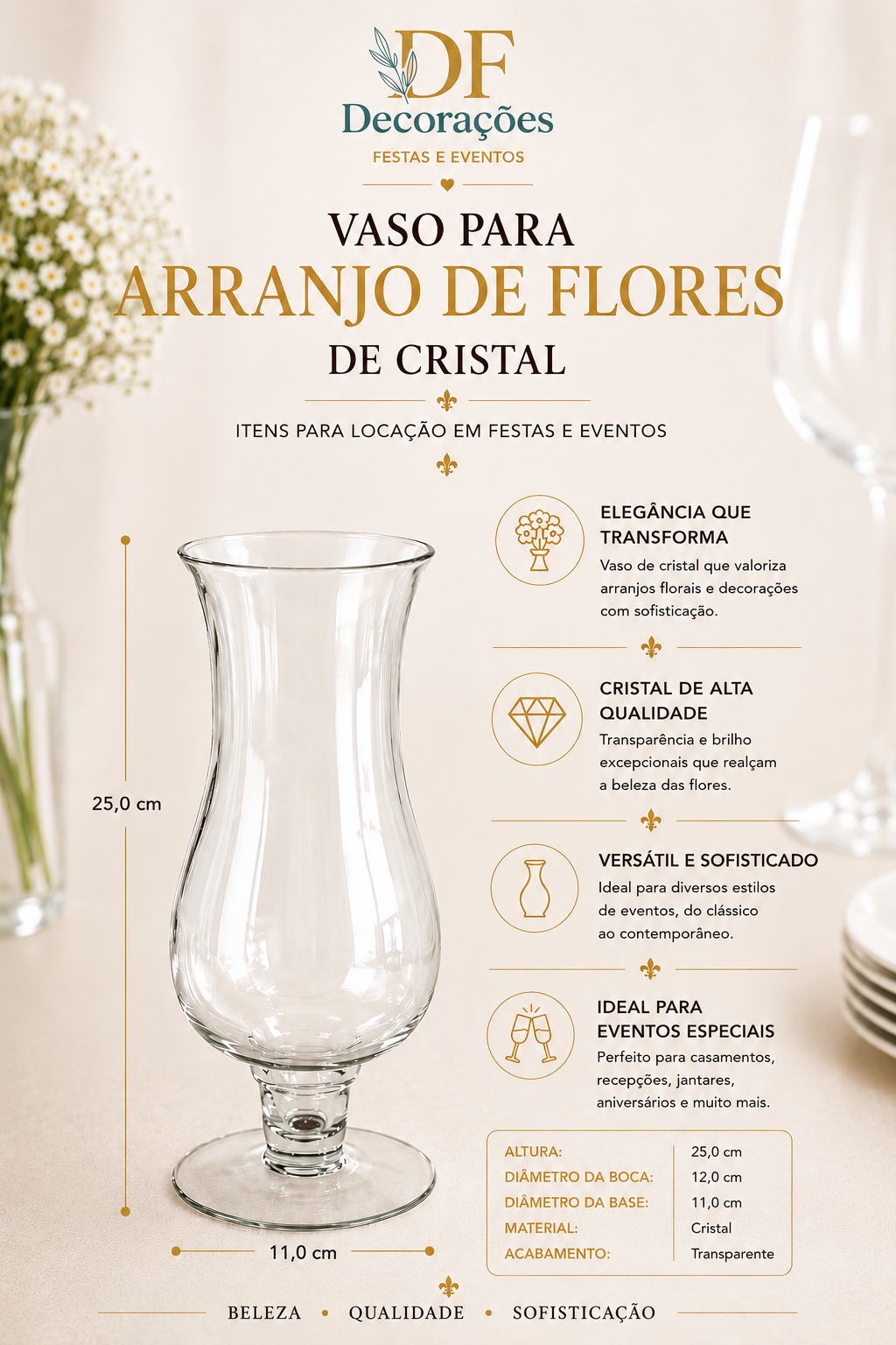 Vaso Para Arranjo de Flores de Cristal