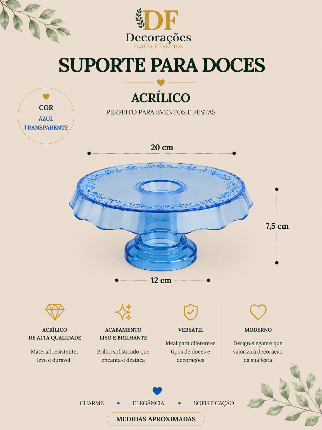 Suporte para Doce Acrilico Azul Transparente
