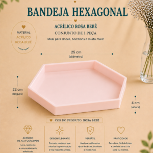 Bandeja Hexagonal Acrilico Rosa Bebe
