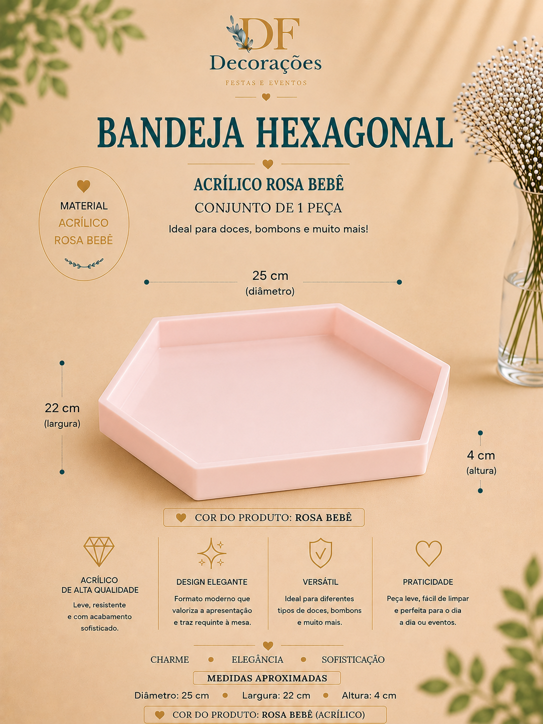 Bandeja Hexagonal Acrilico Rosa Bebe