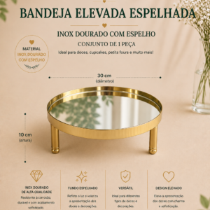 Bandeja Elevada Espelhada Inox Dourado