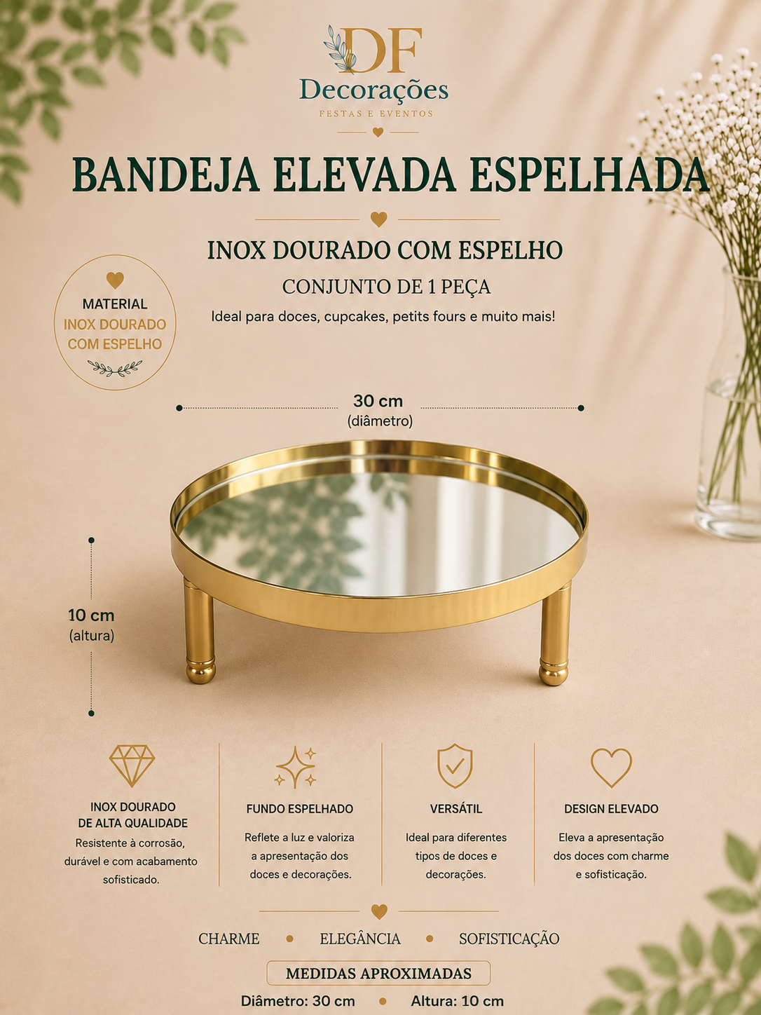 Bandeja Elevada Espelhada Inox Dourado