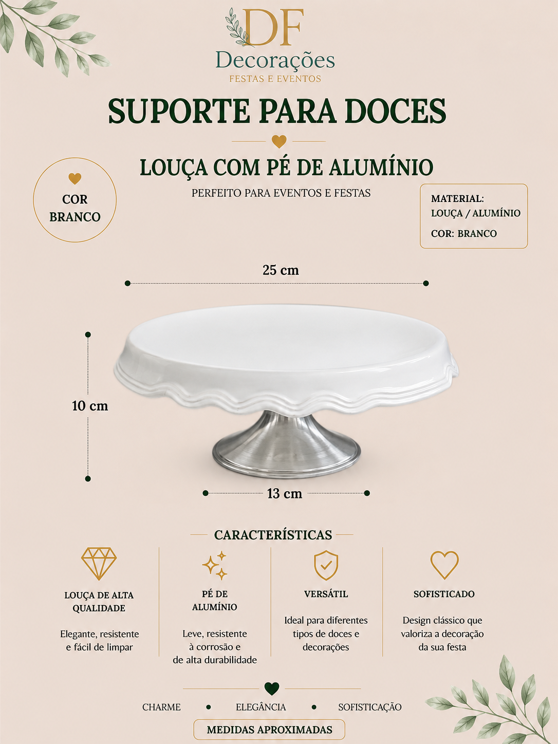 Suporte Para Doces Louça com Pe de Aluminio Branco