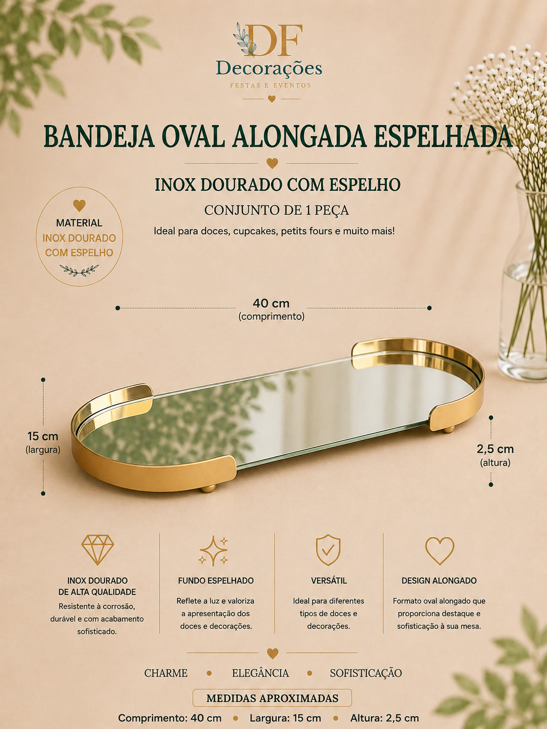 Bandeja Oval Alongada Espelhada