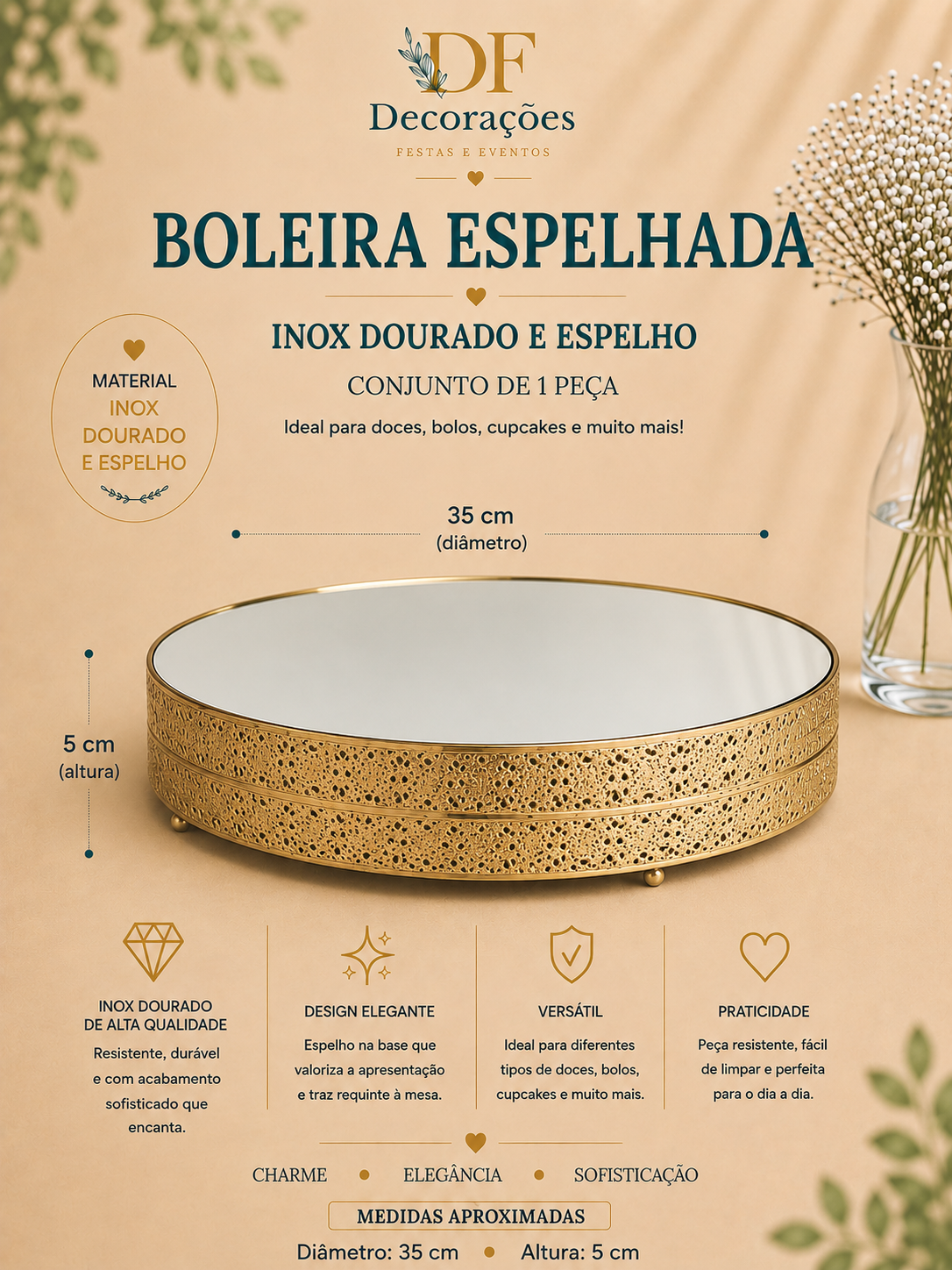 Boleira Espelhada Inox e Dourado