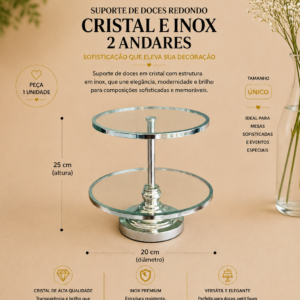 Suporte para Doces Redondo Cristal e Inox 2 Andares