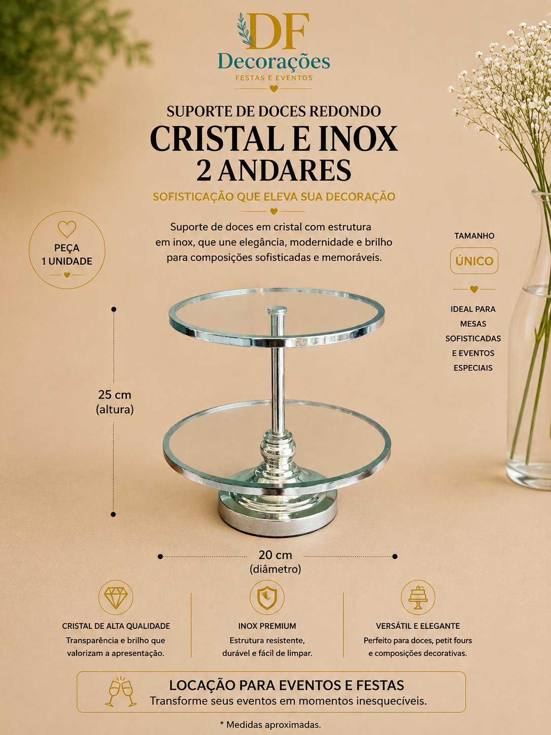 Suporte para Doces Redondo Cristal e Inox 2 Andares