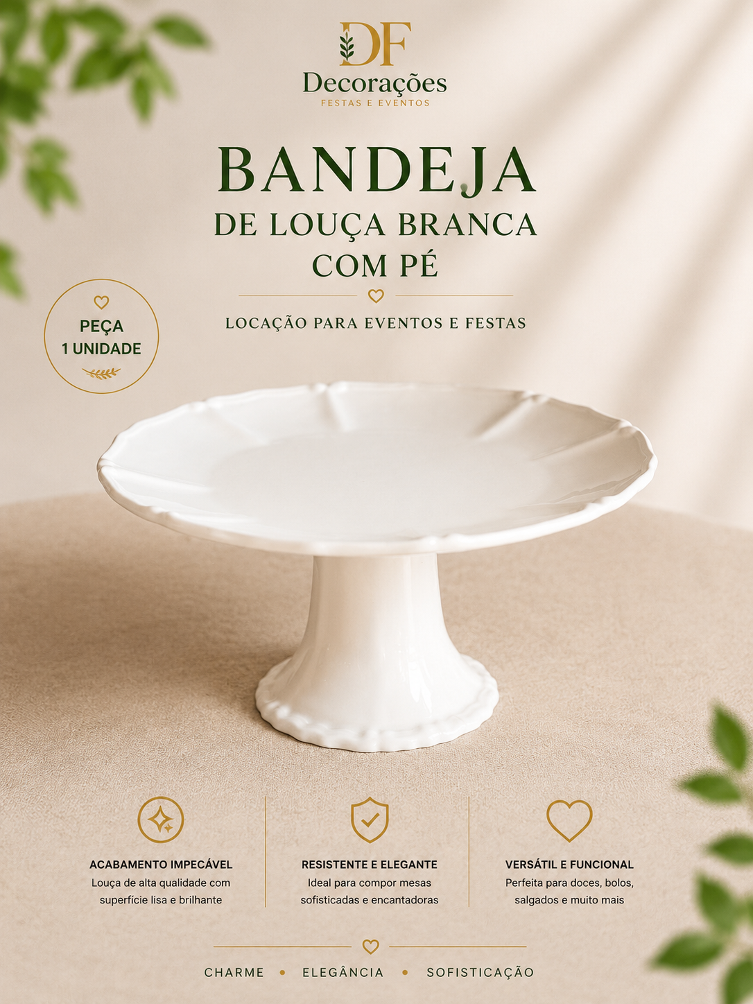 Bandeja de Doce Louça Branca c Pé