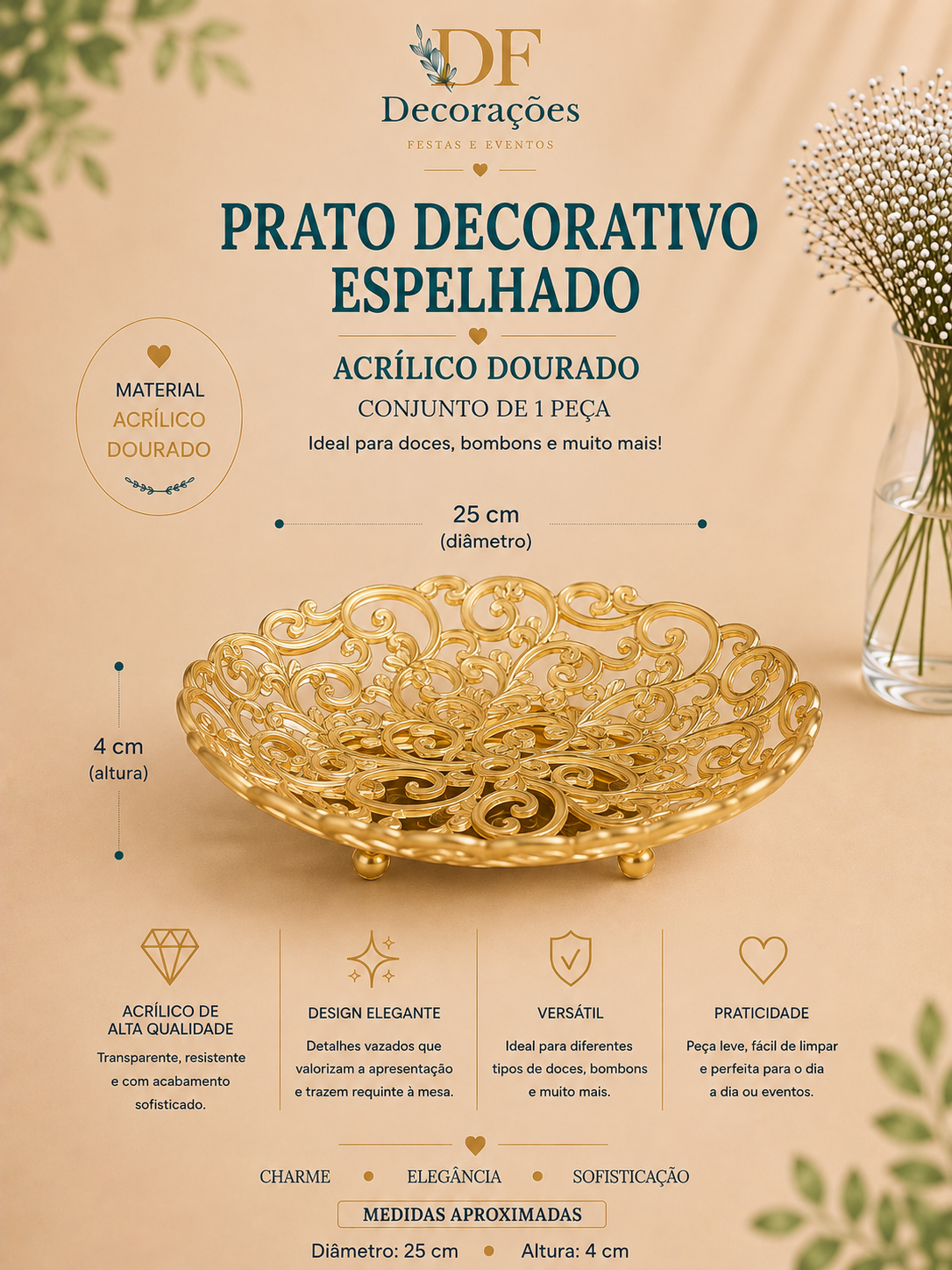 Prato Decorativo Acrilico Dourado