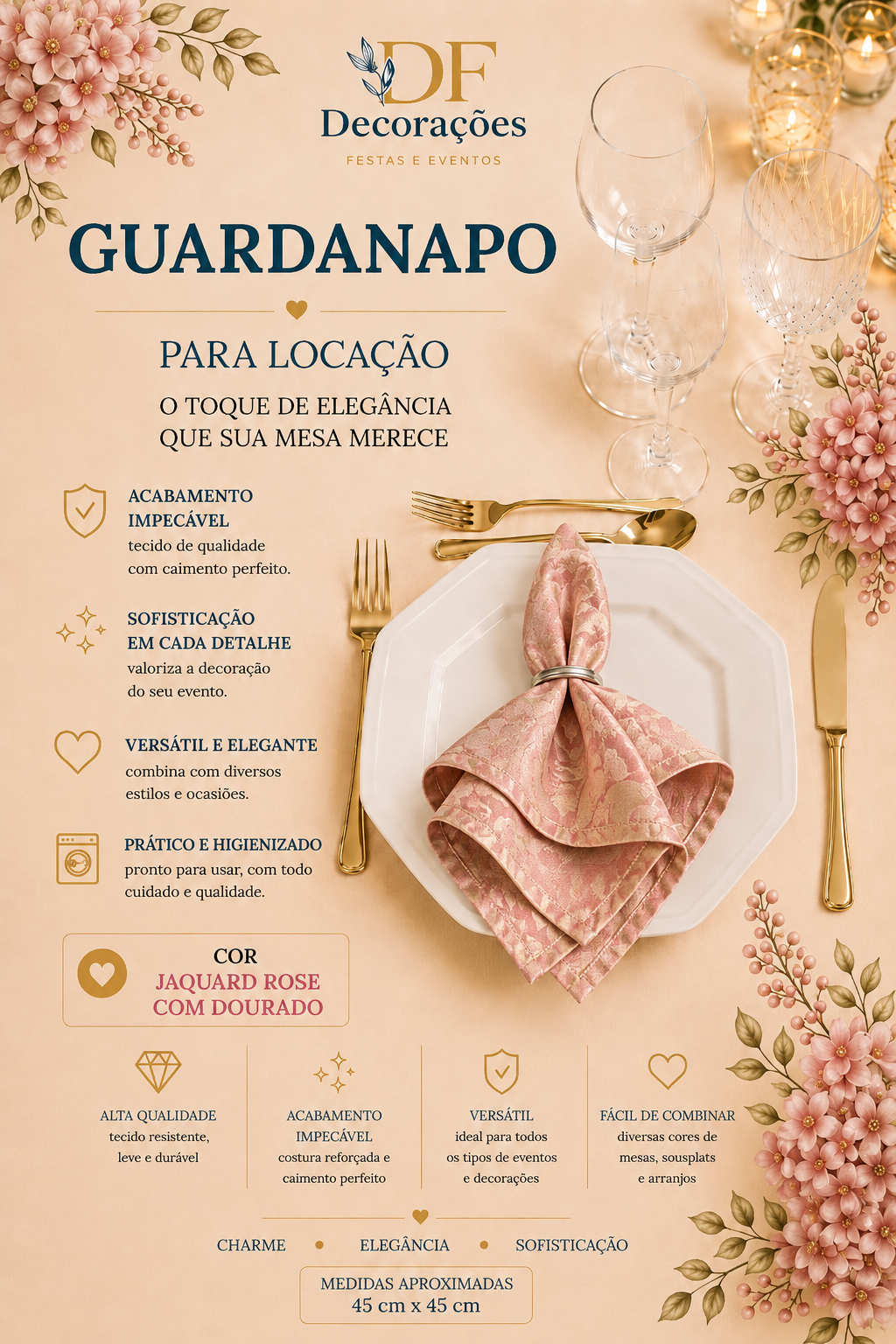 Guardanapo Jaquard Rose com Dourado