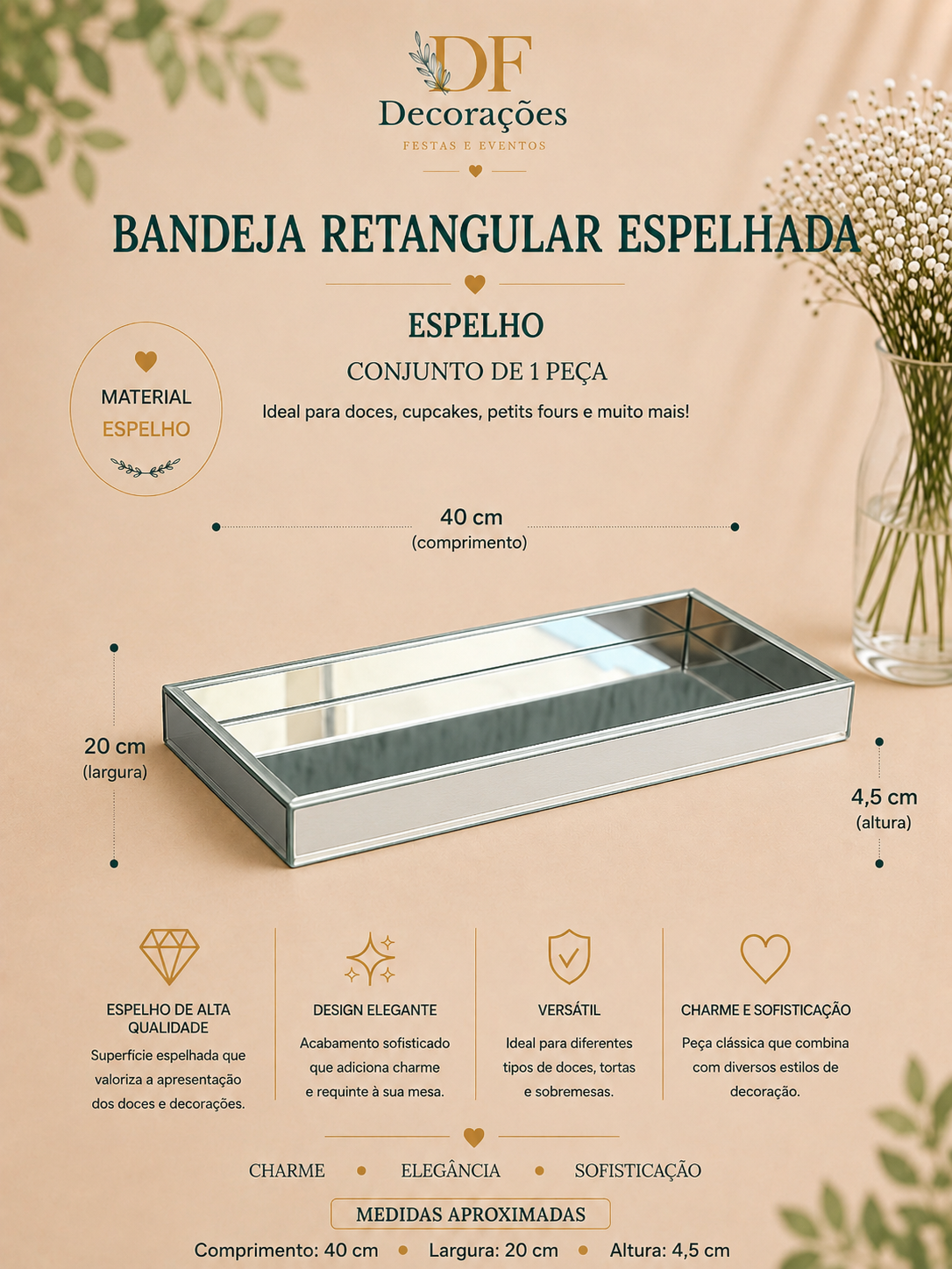 Bandeja Retangular Espelhada