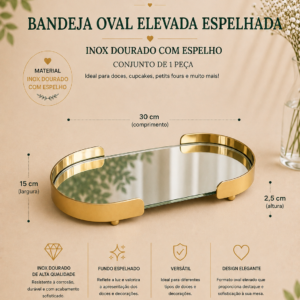Bandeja Oval Espelhada Sem pe Dourada