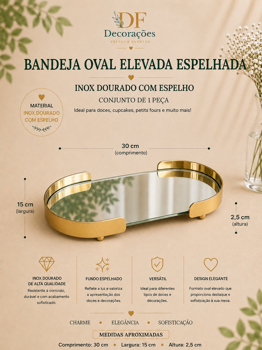 Bandeja Oval Espelhada Sem pe Dourada