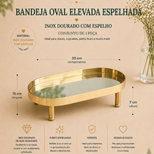 Bandeja Oval Espelhada Inox Dourado c Espelho
