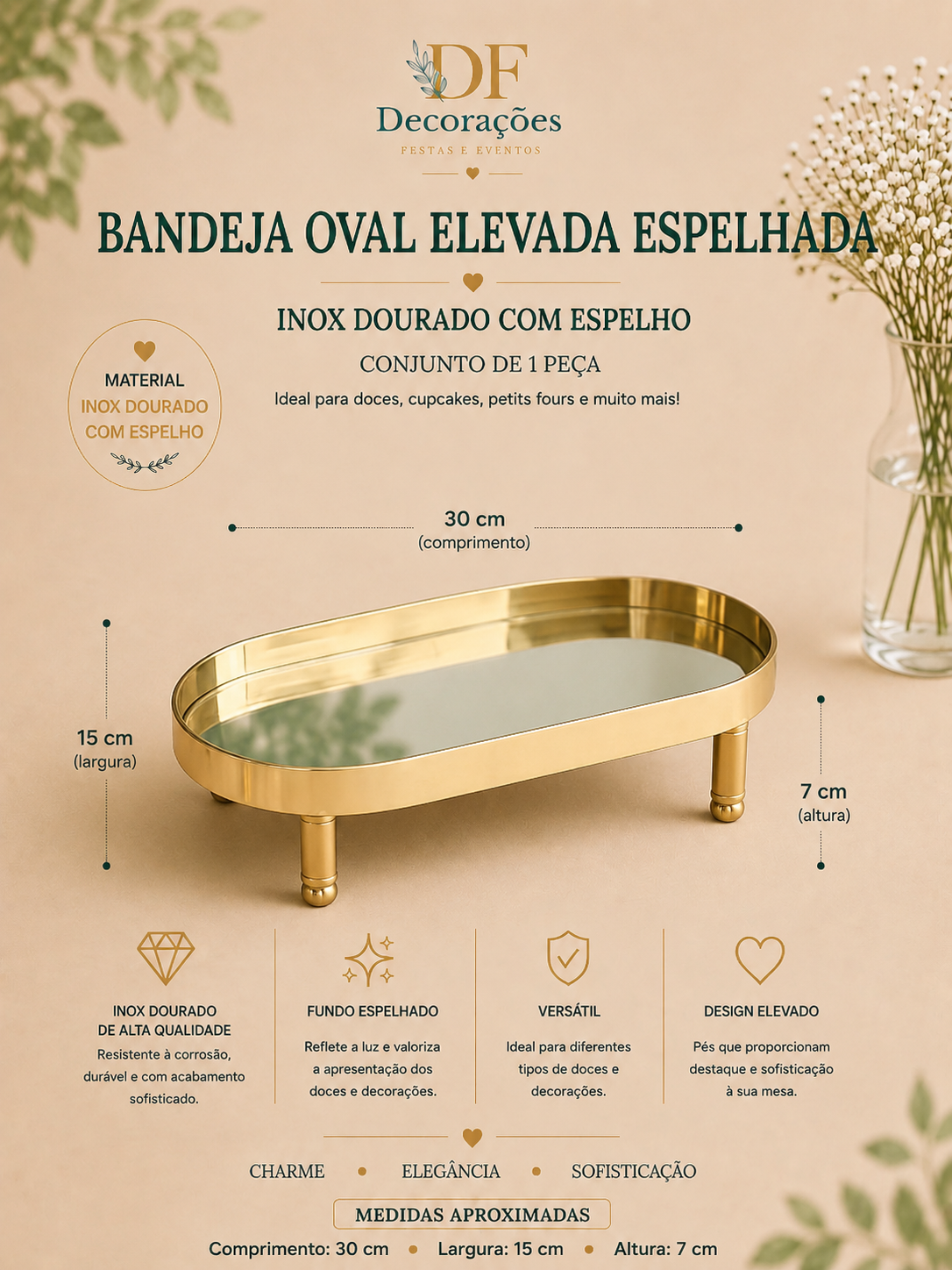 Bandeja Oval Espelhada Inox Dourado c Espelho