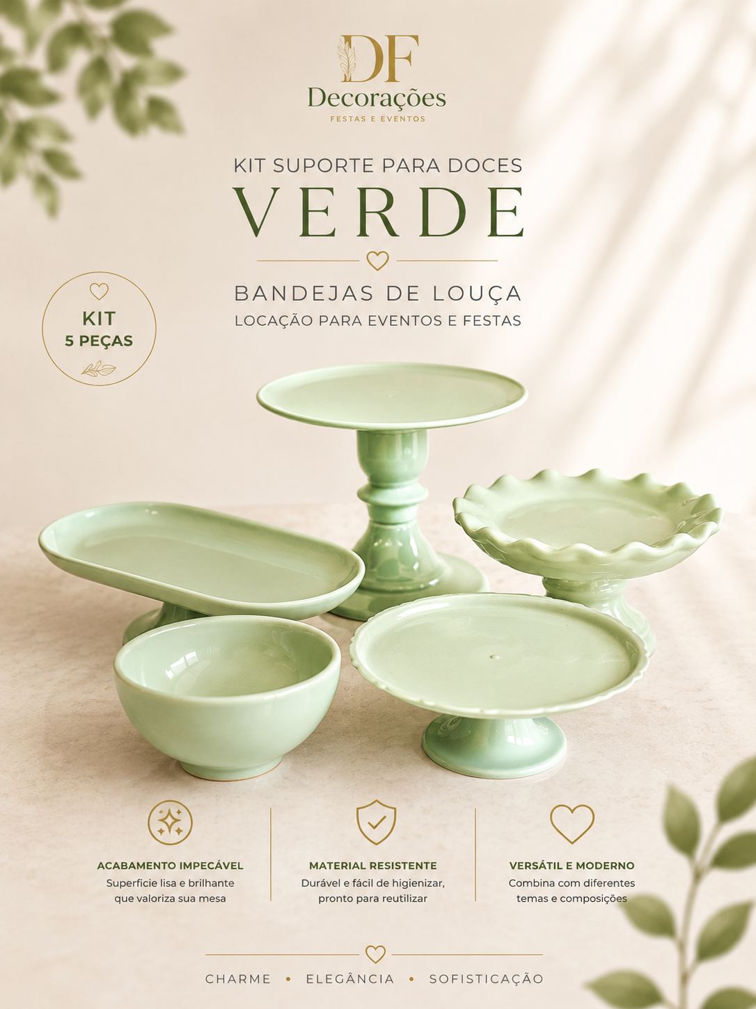 Kit 5 Bandejas de Louça Verde Oliva