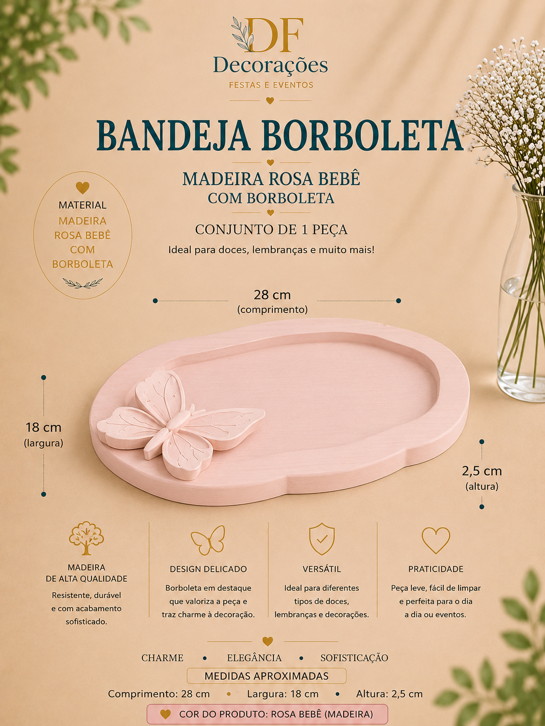Bandeja Borboleta Madeira Rosa Bebe