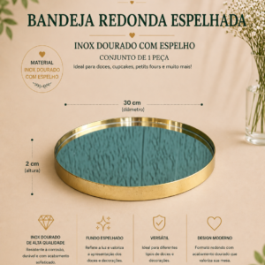Bandeja Redonda Espelhada Inox c Dourado