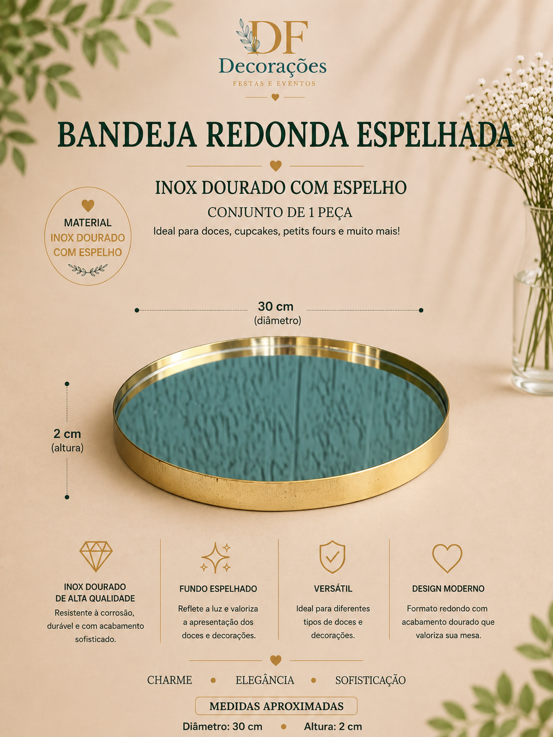Bandeja Redonda Espelhada Inox c Dourado
