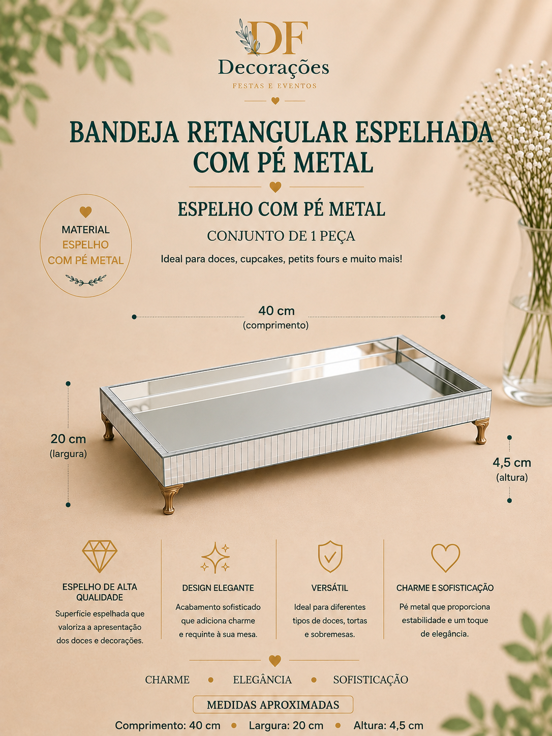 Bandeja Retangular Espelhada Com Pe